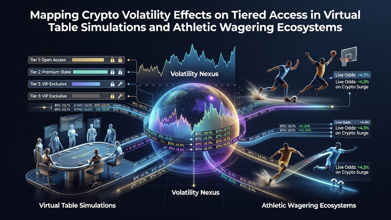 Visual representation of cryptocurrency volatility impacting tiered access systems in virtual table and sports wagering platforms