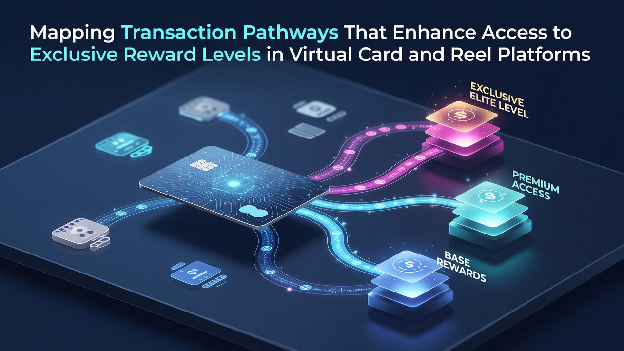 Digital transaction mapping interface showing pathways between virtual card games and reel platforms with reward tier indicators