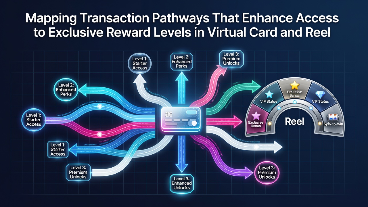 Flowchart illustrating mapped transaction pathways linking mobile card sessions to reel platform rewards with tier progression markers